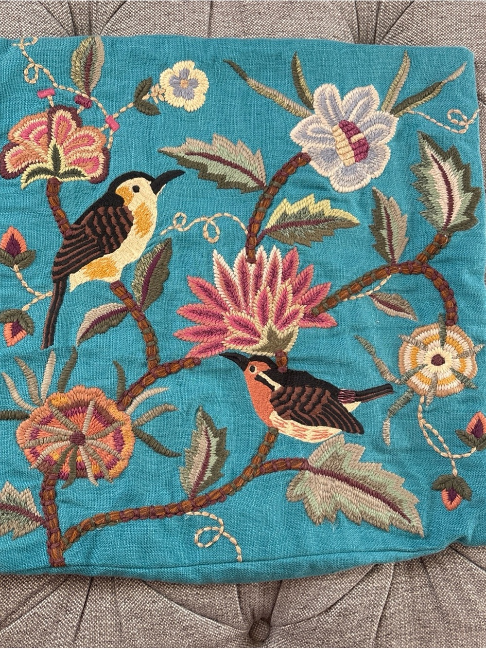 ARHAUS Elegant Birds Floral Embroidered Pillow Cover-18x18